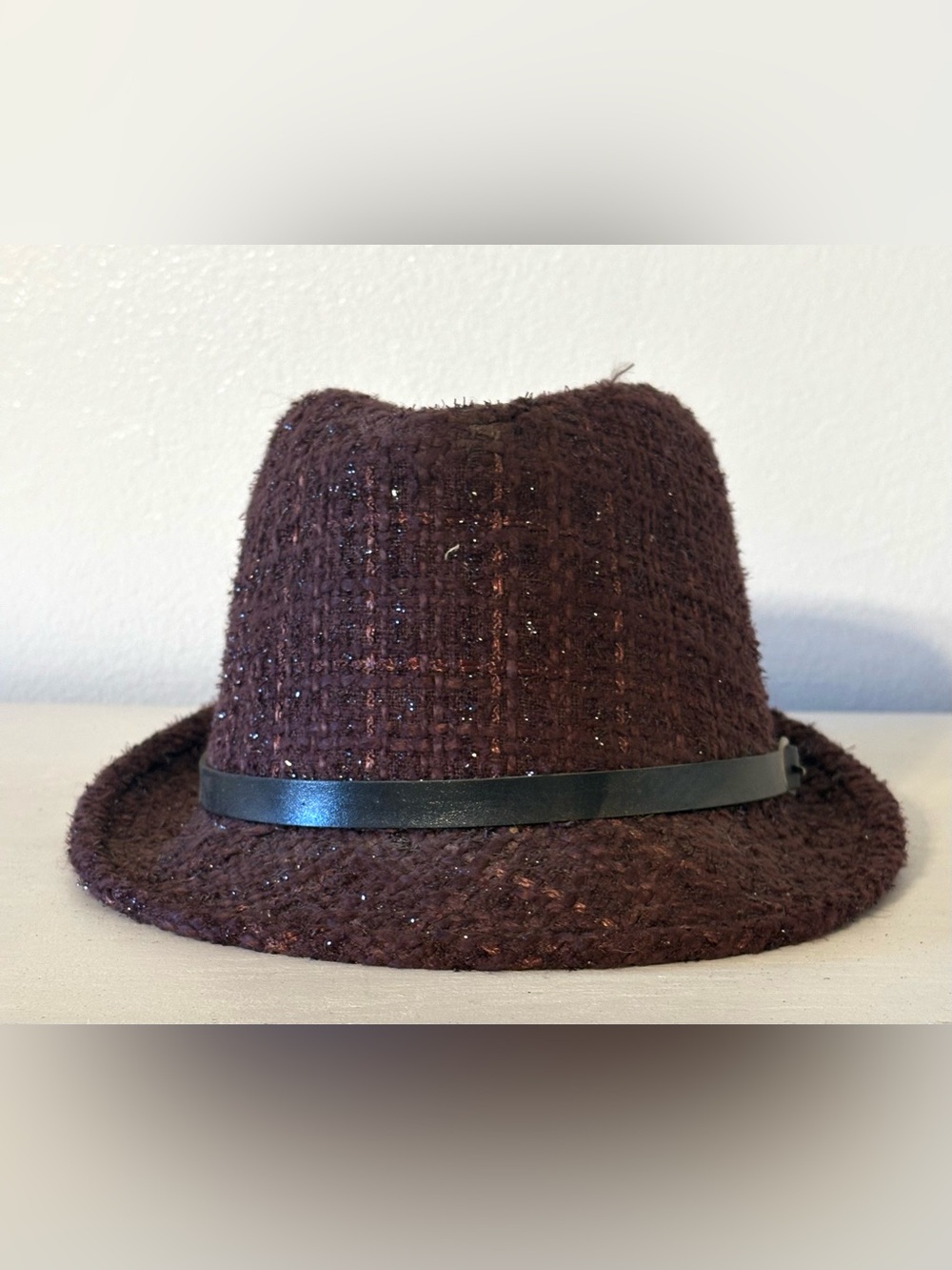 Brown Textured Plaid Fedora with Black Band